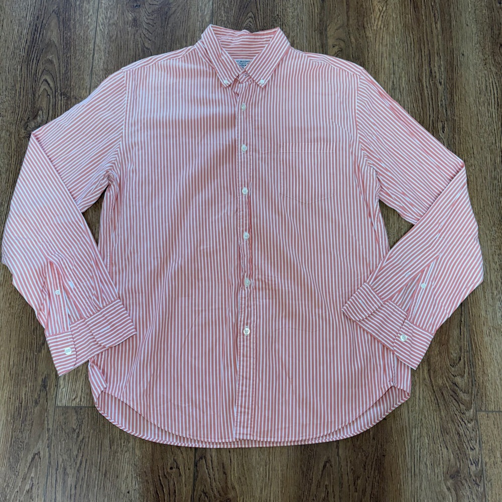J Crew‎ Mens L Casual orange white stripe 100% Cotton Button Down Shirt Woven